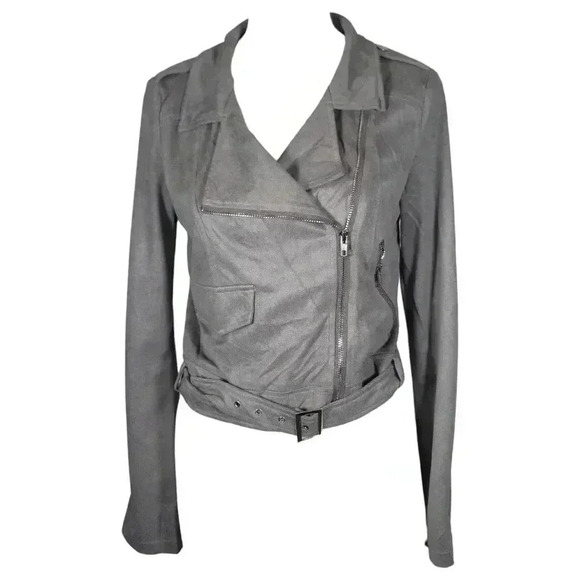 PrettyLittleThing Grey Moto Biker Jacket Faux Suede Size 4 (Small) Grunge - Picture 2 of 15